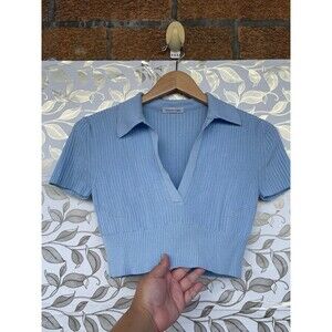 Anna October Blue Ribbed Knit Polo Crop Top V-Neck Viscose size 6